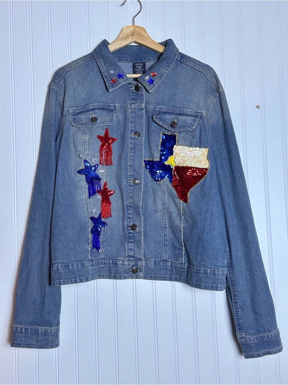 Faded Glory medium wash custom-embellished denim trucker jacket Texas Design 2XL